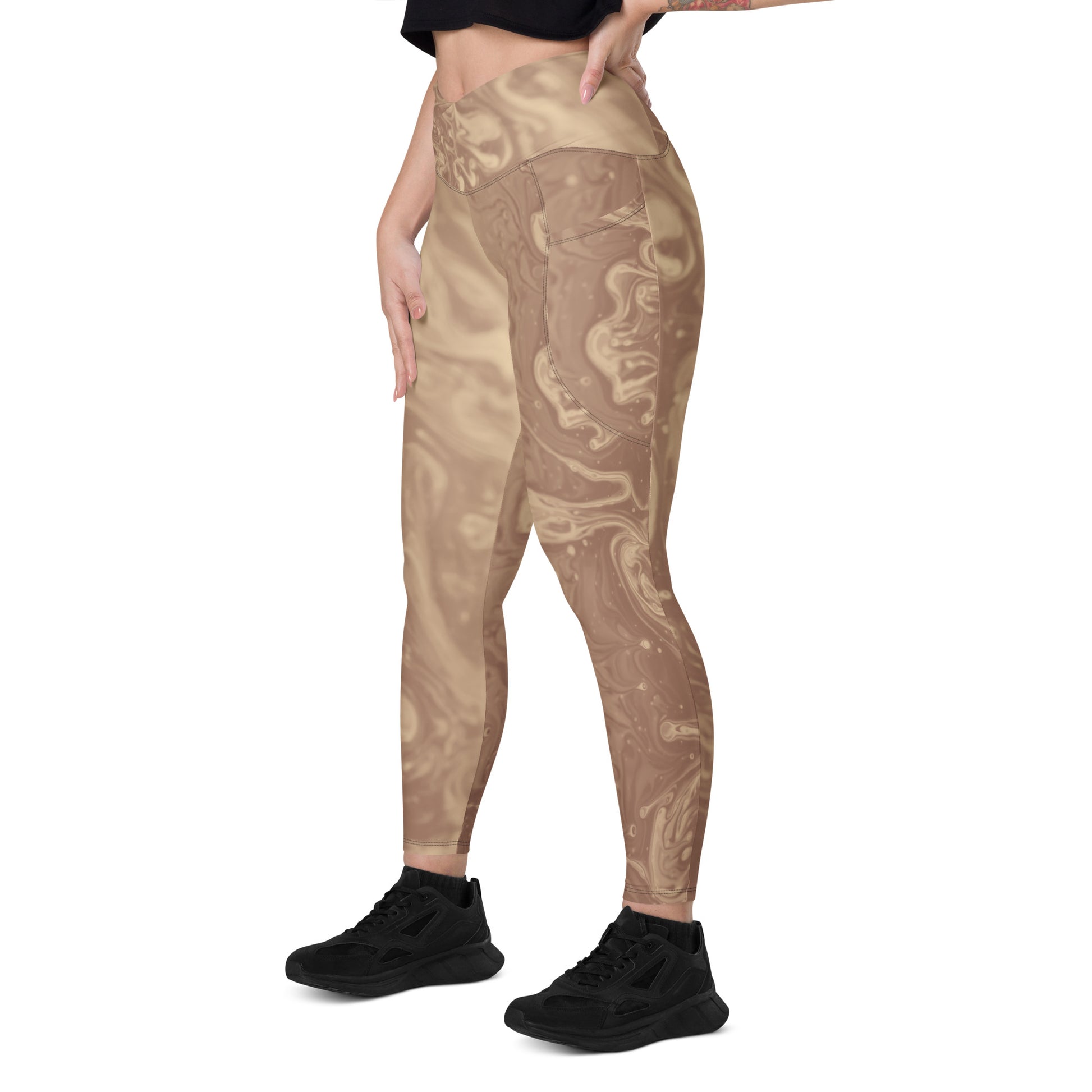 Liquid Beige Women's Recycled Crossover Leggings With Pockets - FLAKOUT